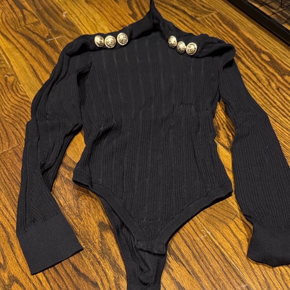 Black Ribbed Long-Sleeve Bodysuit with Decorative Buttons